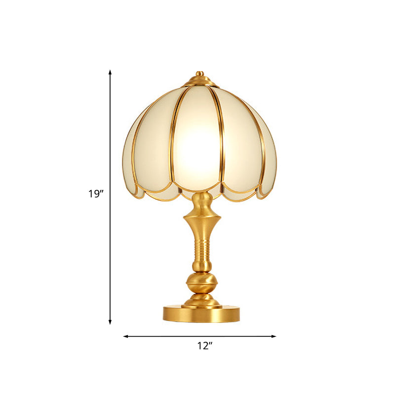 1 Light Night Table Lamp Traditional Bedroom Night Light with Scalloped Dome White Glass Shade in Brass
