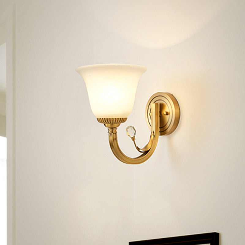 Brass Finish 1/2-Light Wall Sconce Light Colonial Frosted Glass Bell Up Wall Lamp Fixture for Corridor