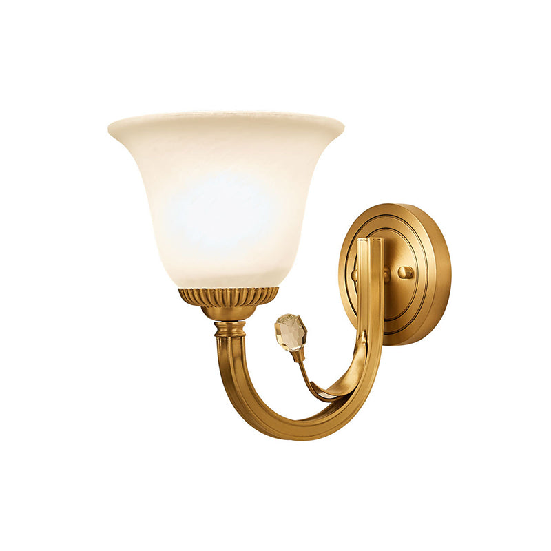 Brass Finish 1/2-Light Wall Sconce Light Colonial Frosted Glass Bell Up Wall Lamp Fixture for Corridor