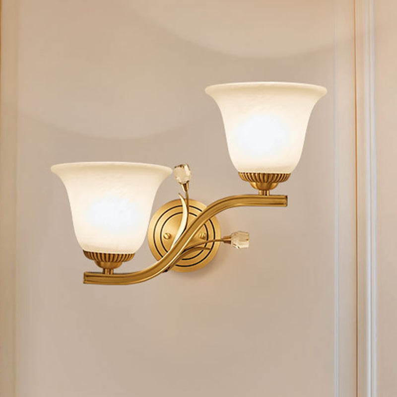 Brass Finish 1/2-Light Wall Sconce Light Colonial Frosted Glass Bell Up Wall Lamp Fixture for Corridor