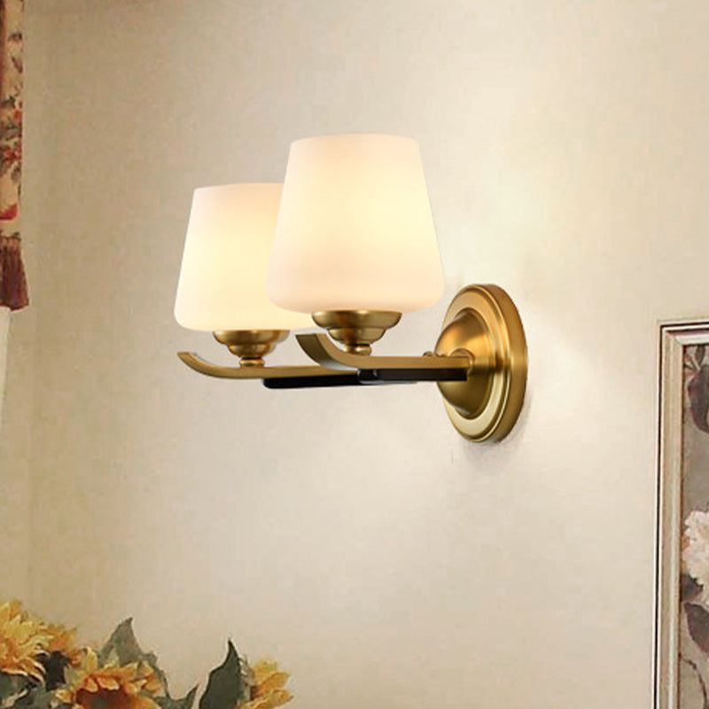 1/2-Head Up Sconce Lighting Traditional Indoor Wall Mounted Lamp with Cone Opal Glass Shade in Brass