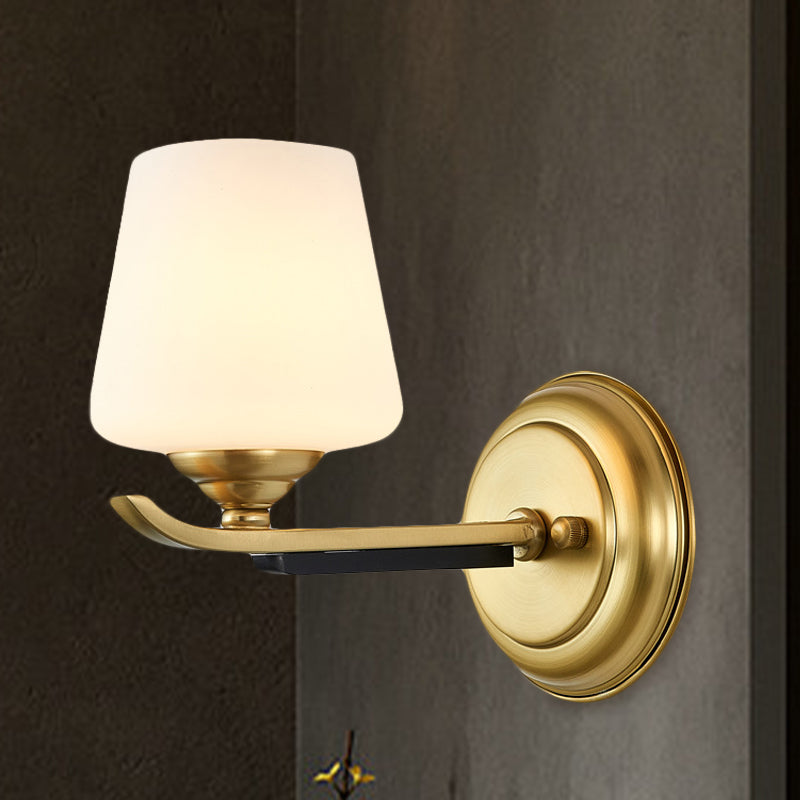 1/2-Head Up Sconce Lighting Traditional Indoor Wall Mounted Lamp with Cone Opal Glass Shade in Brass