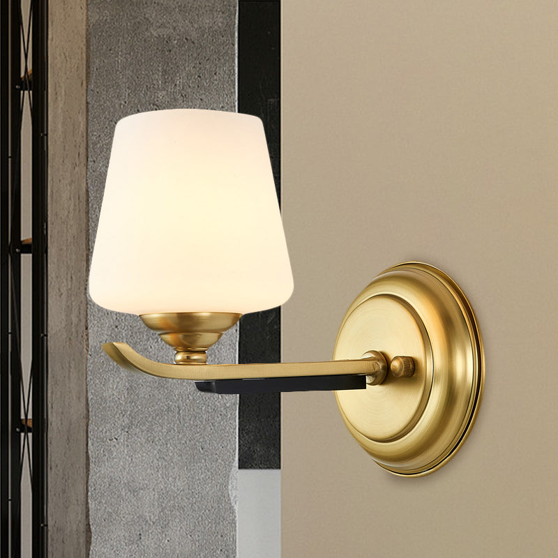 1/2-Head Up Sconce Lighting Traditional Indoor Wall Mounted Lamp with Cone Opal Glass Shade in Brass
