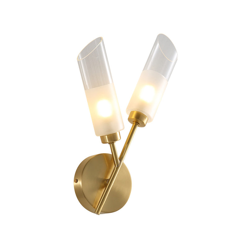 2 Bulbs Tube Wall Mount Lamp Traditional Brass Finish Clear Glass Wall Sconce Light for Indoor