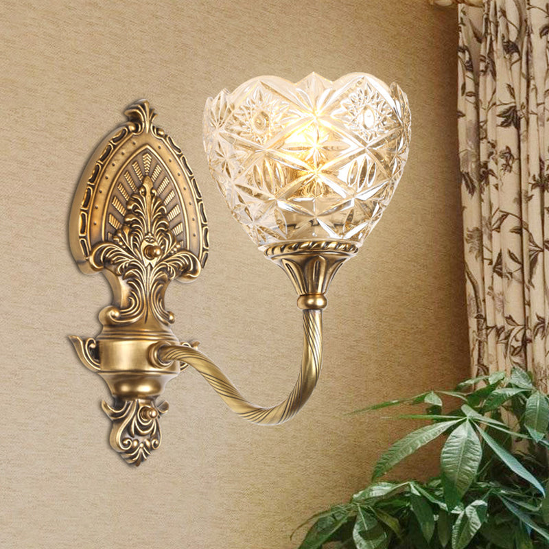 Colonial Domed Up Wall Lighting 1 Light Textured/Opal Glass Wall Mounted Lamp Fixture in Brass