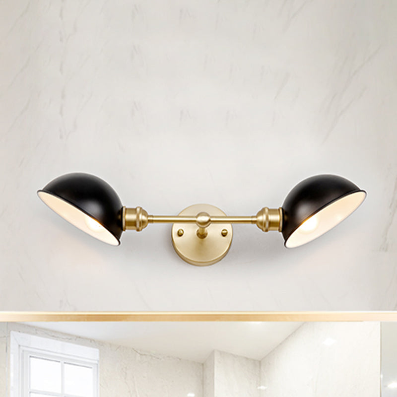 Metallic Dual Dome Vanity Light Fixture Vintage 2 Bulbs Bathroom Wall Mount Lamp in Black/Brass