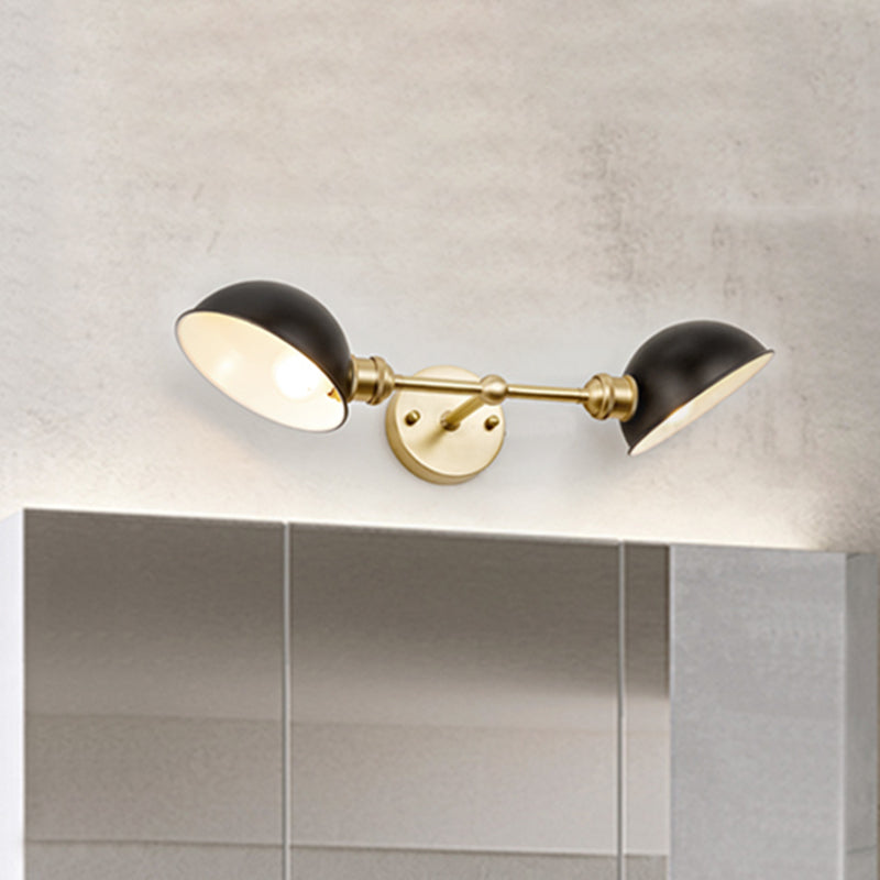 Metallic Dual Dome Vanity Light Fixture Vintage 2 Bulbs Bathroom Wall Mount Lamp in Black/Brass