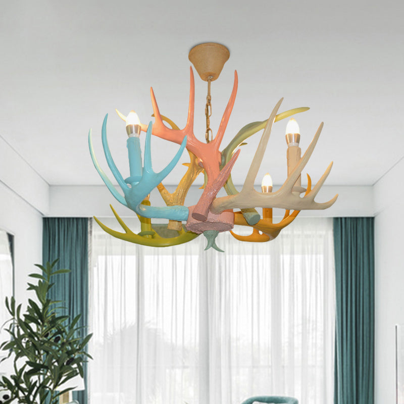 Macaron Antler Plafond Chandelier Résine 4/6 Bulbes Souce-suspension Child Room Light in Blue-Pink-Yellow avec design de bulbe ouvert