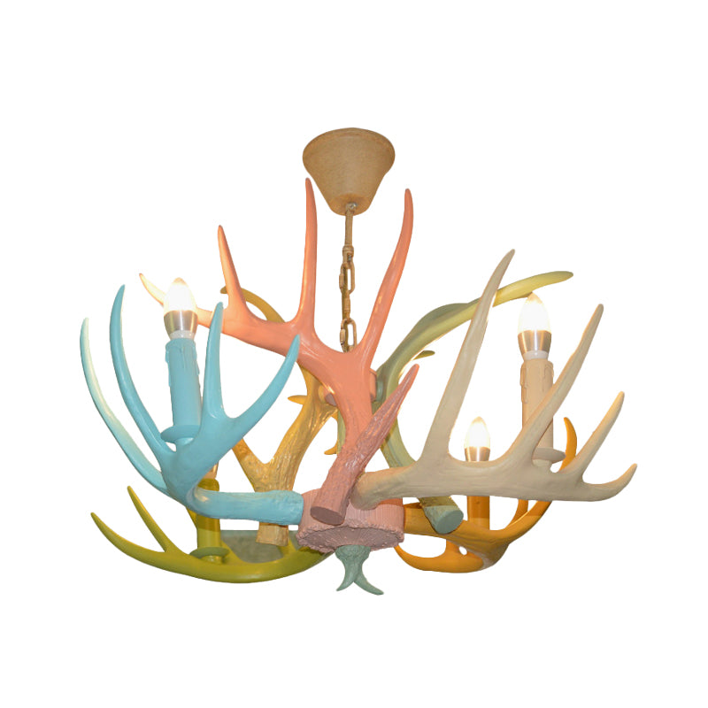 Macaron Antler Plafond Chandelier Résine 4/6 Bulbes Souce-suspension Child Room Light in Blue-Pink-Yellow avec design de bulbe ouvert