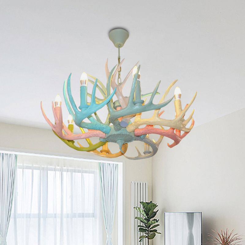 Macaron Antler Plafond Chandelier Résine 4/6 Bulbes Souce-suspension Child Room Light in Blue-Pink-Yellow avec design de bulbe ouvert
