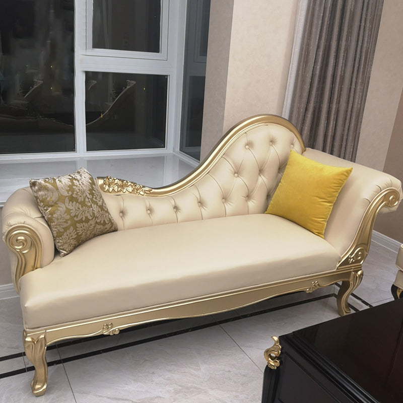 Faux Leather Upholstered Tufted Chaise Lounge Chair in Beige and Gold