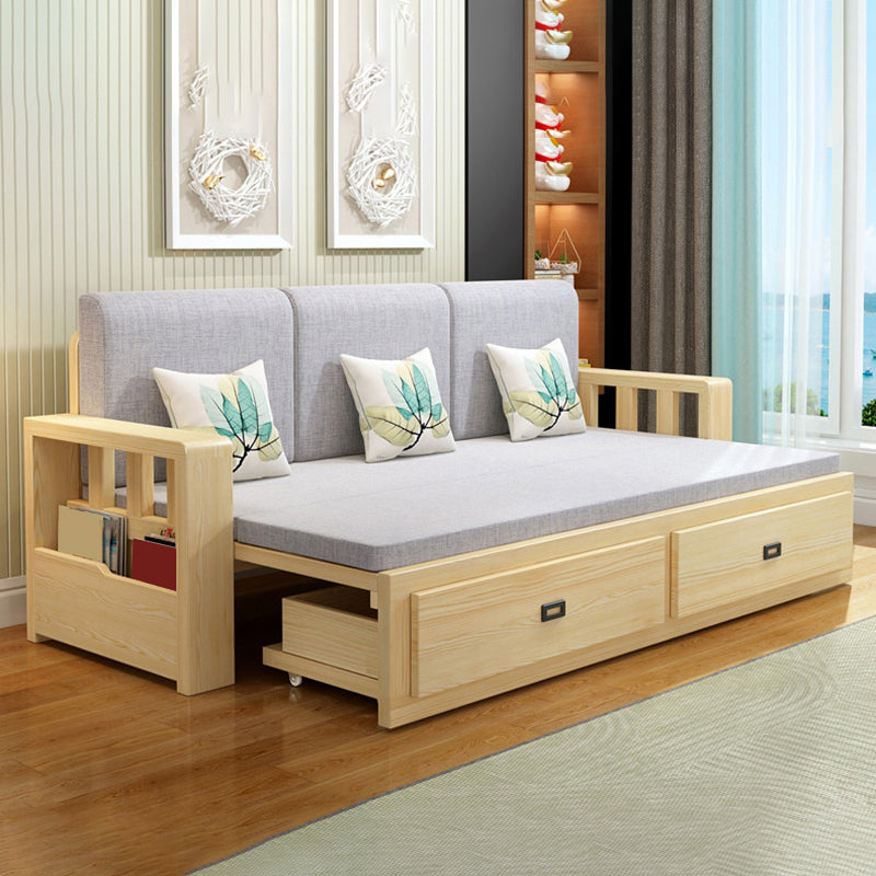 Removable Cushions Scandinavian Solid Wood Futon Sleeper Sofa Bed
