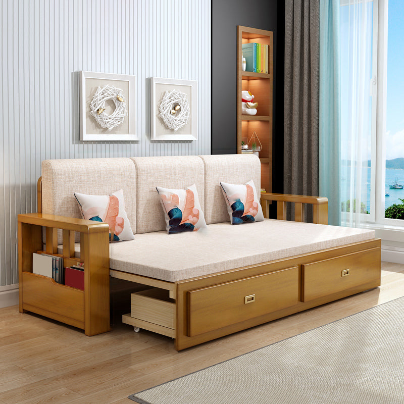 Removable Cushions Scandinavian Solid Wood Futon Sleeper Sofa Bed