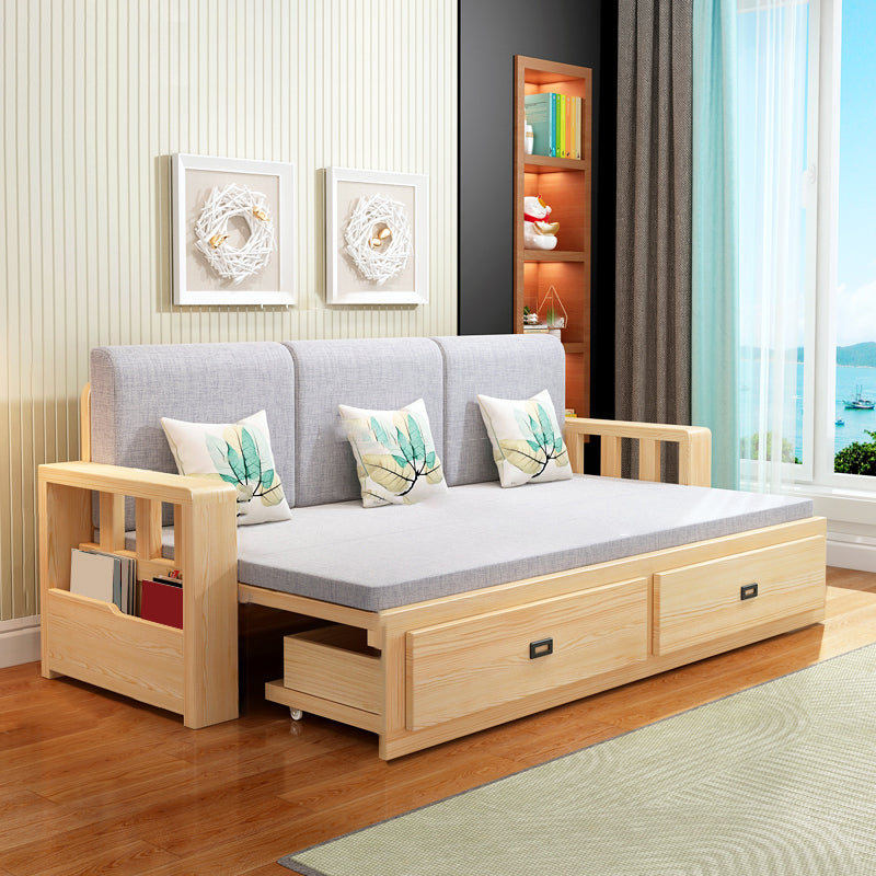 Removable Cushions Scandinavian Solid Wood Futon Sleeper Sofa Bed
