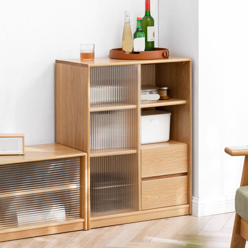 Natural Solid Wood Grooves Glass Paned Living Room Accent Cabinet with Shelves