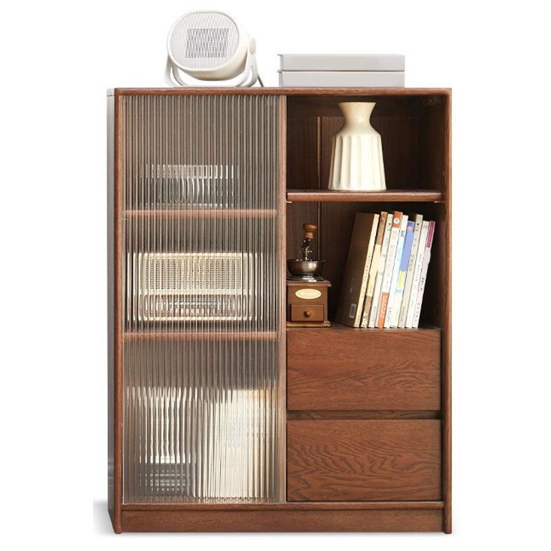 Natural Solid Wood Grooves Glass Paned Living Room Accent Cabinet with Shelves