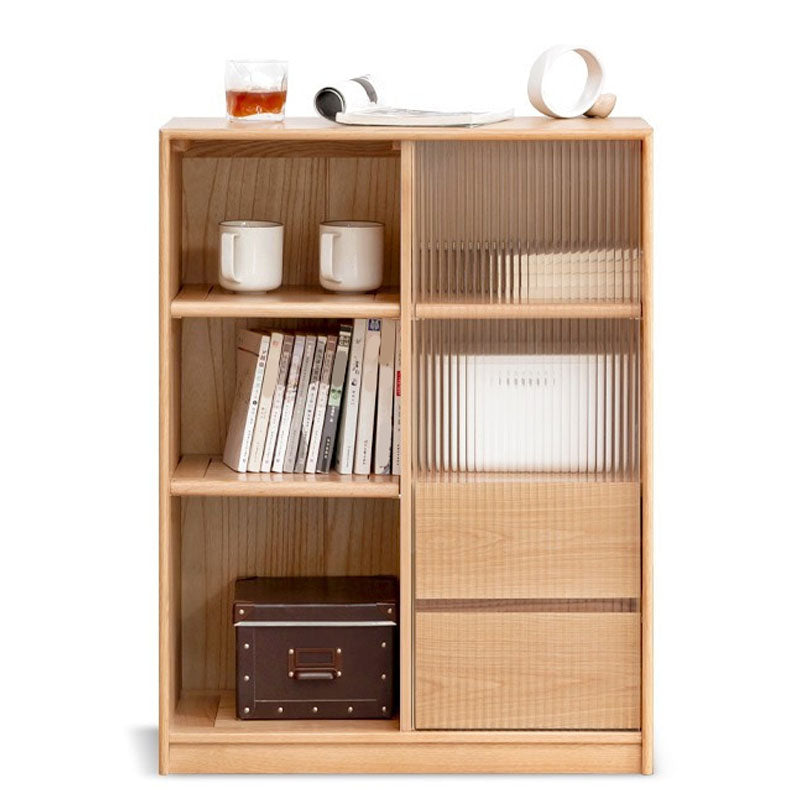 Natural Solid Wood Grooves Glass Paned Living Room Accent Cabinet with Shelves