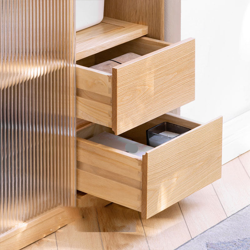 Natural Solid Wood Grooves Glass Paned Living Room Accent Cabinet with Shelves