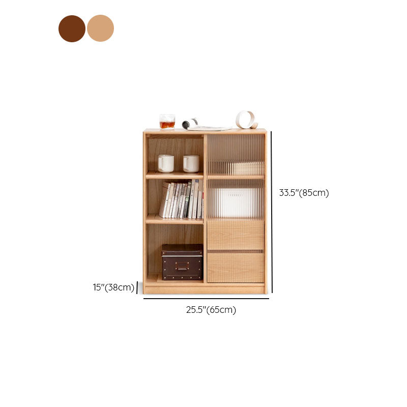 Natural Solid Wood Grooves Glass Paned Living Room Accent Cabinet with Shelves