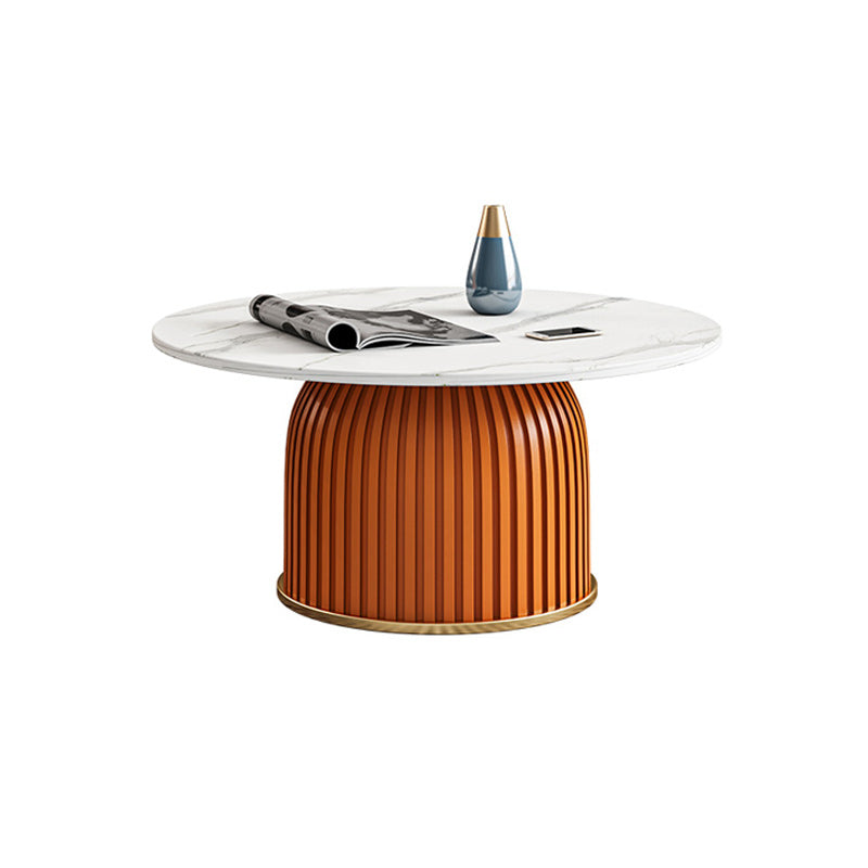 White Pedestal Round Glam Metal Coffee Cocktail Table with Slate Top