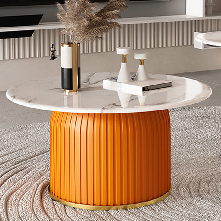 White Pedestal Round Glam Metal Coffee Cocktail Table with Slate Top