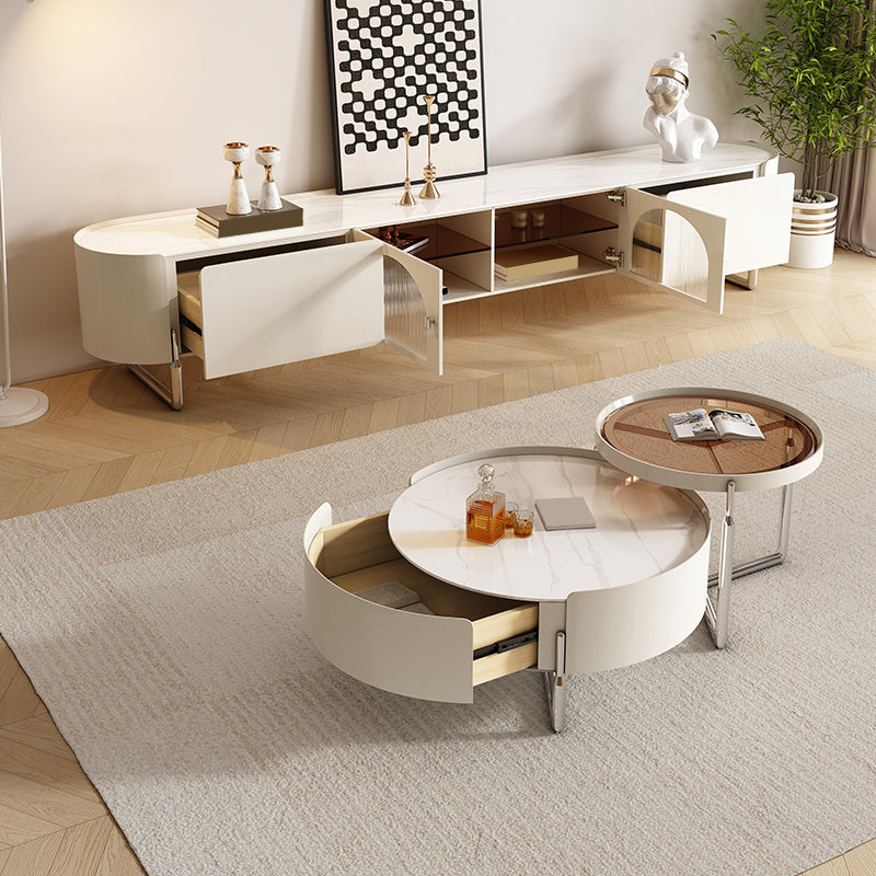 31" Wide White Contemporary Slate Round Nesting Coffee Table Set