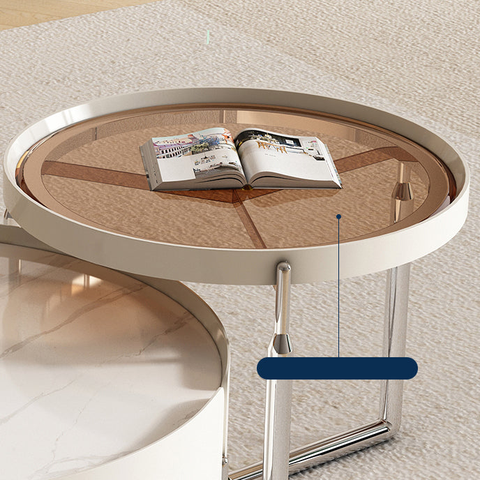 31" Wide White Contemporary Slate Round Nesting Coffee Table Set