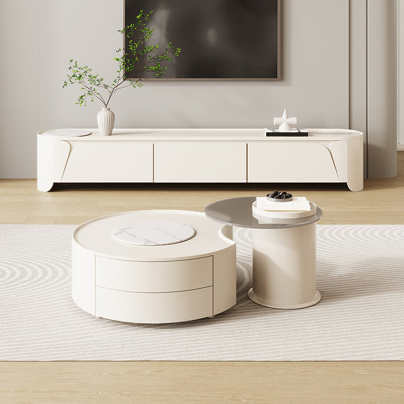 2-Piece White Round Pedestal Slate Coffee Cocktail Table with Storage