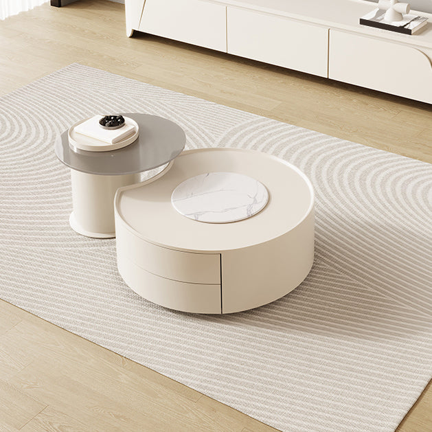 2-Piece White Round Pedestal Slate Coffee Cocktail Table with Storage