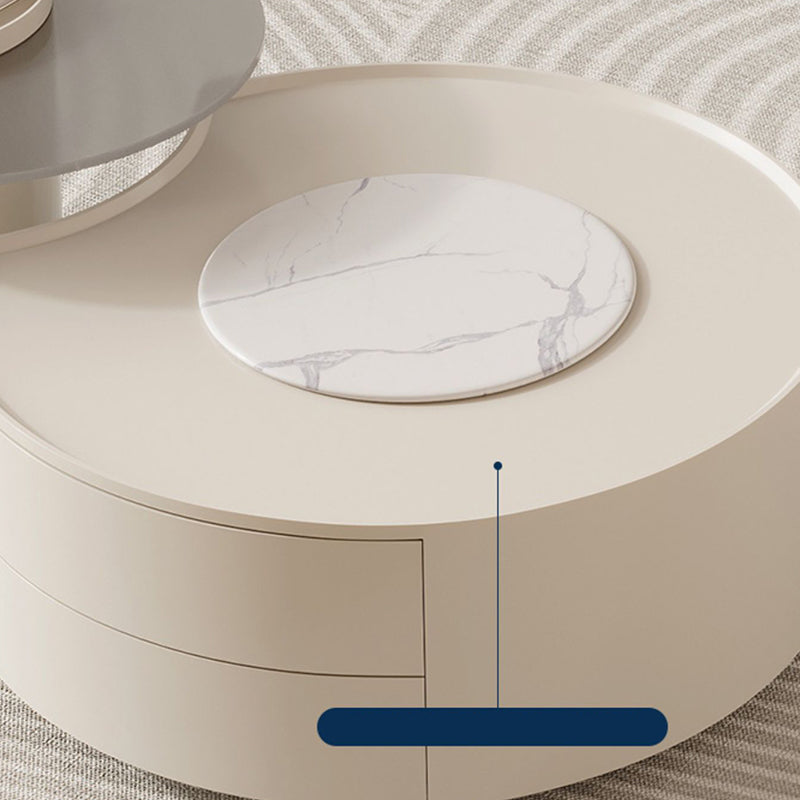 2-Piece White Round Pedestal Slate Coffee Cocktail Table with Storage