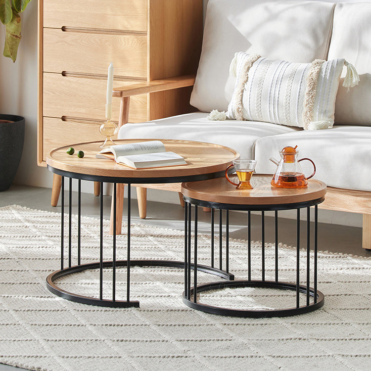Solid Wood Frame Industrial Natural Round 2 Nesting Coffee Table Set