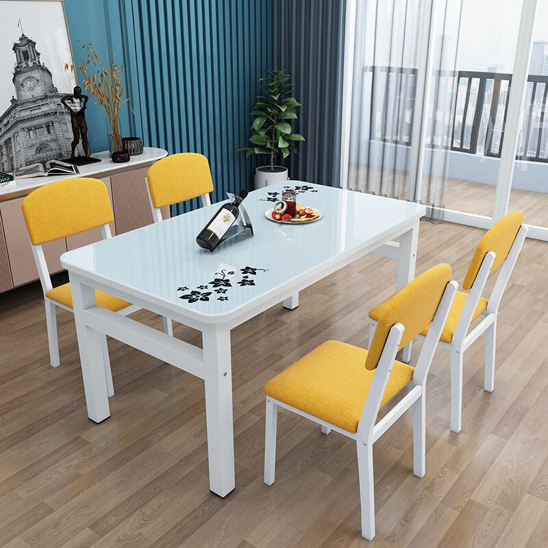 Modern White Rectangular Glass Top Dining Table with Double Pedestal
