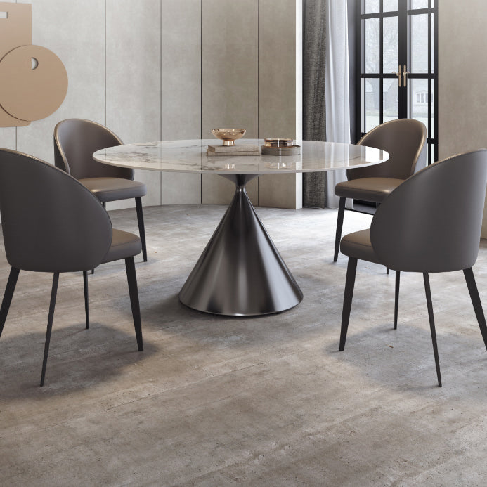 Modern Round White Stone Top Dining Table with Grey Pedestal