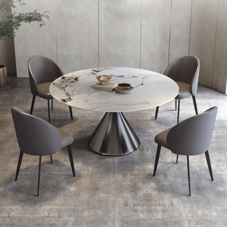 Modern Round White Stone Top Dining Table with Grey Pedestal