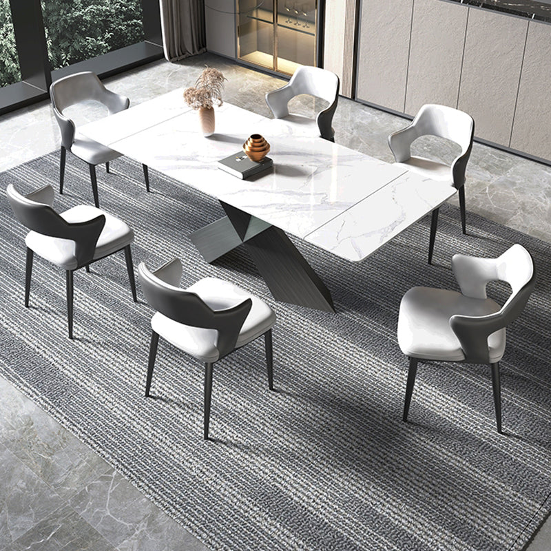 Modern Rectangular White Stone Top Dining Table with Black Steel Double Pedestal