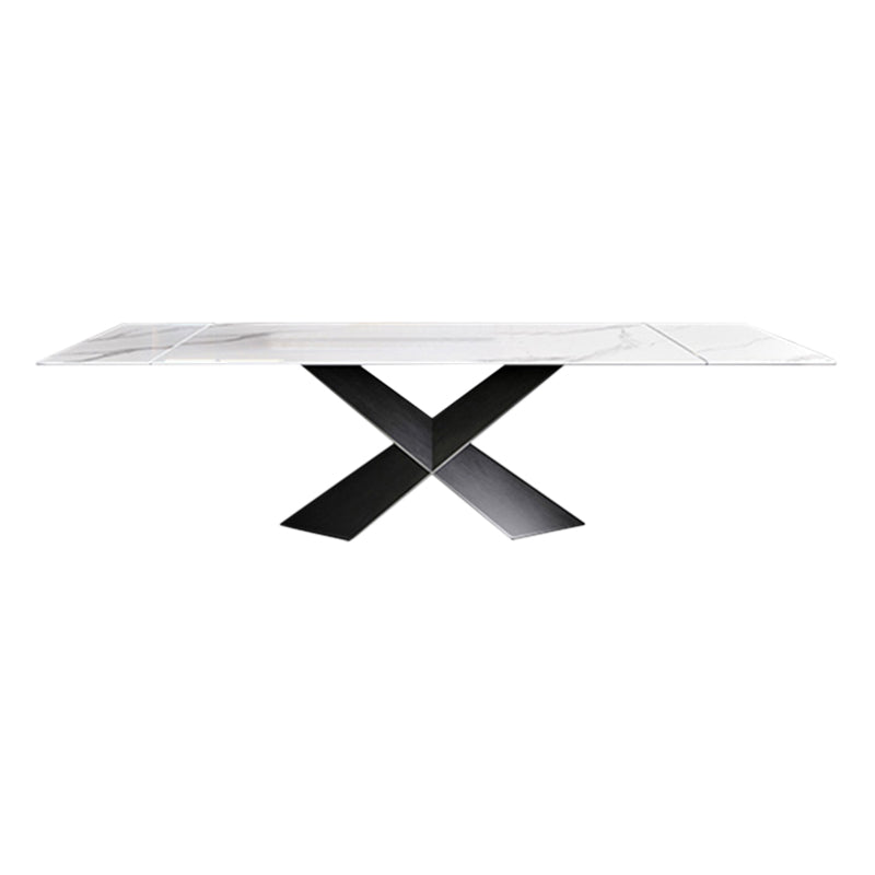 Modern Rectangular White Stone Top Dining Table with Black Steel Double Pedestal