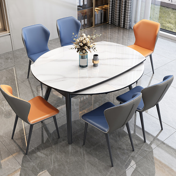 Modern Extendable White Stone Top Dining Table with 4 Black Rubberwood Legs