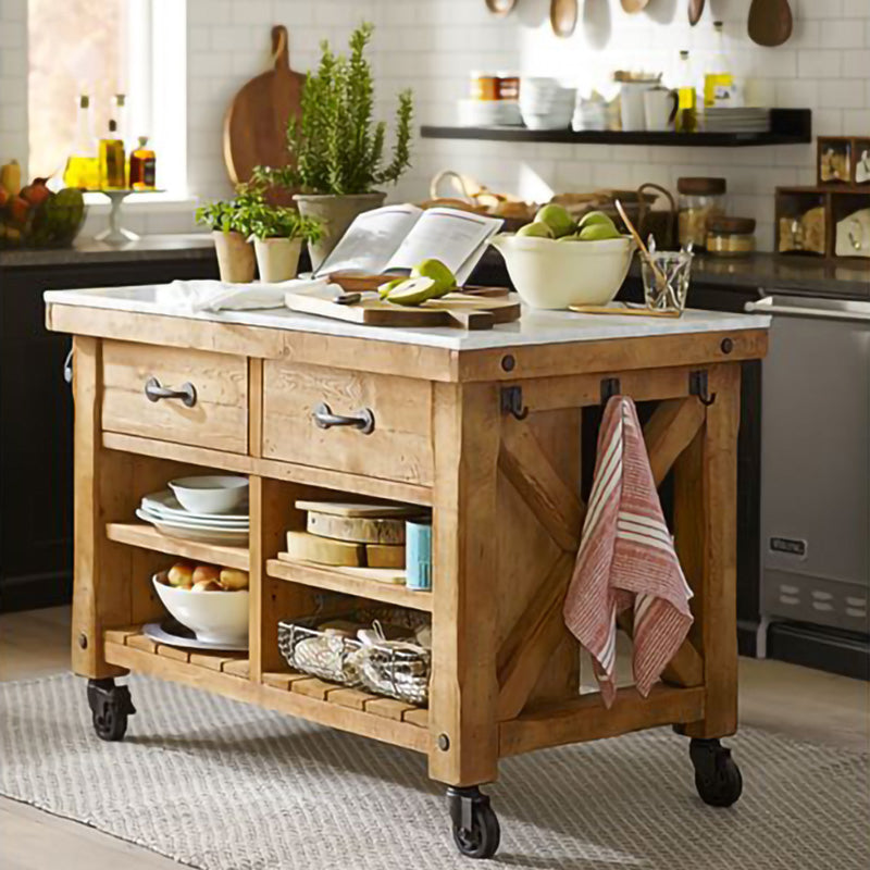 Modern Rectangle Kitchen Cart with Pine Wood Base and 2 Drawers
