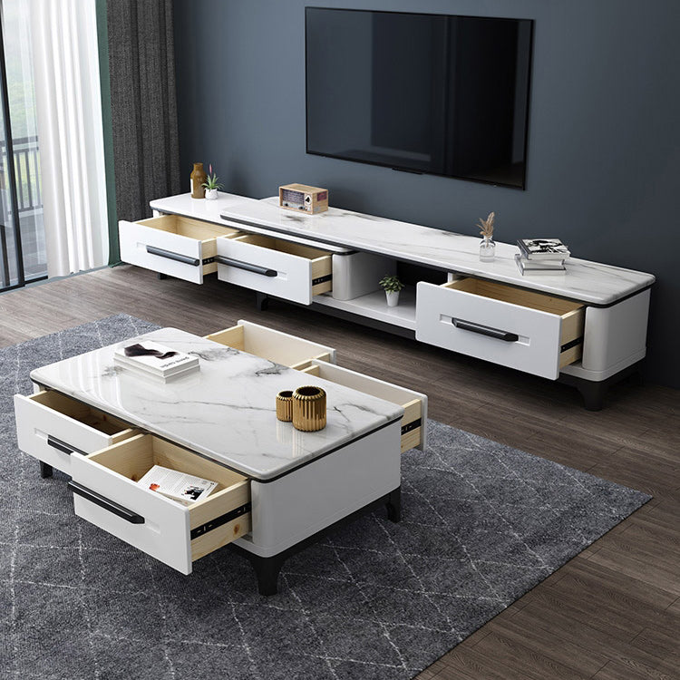 White Contemporary Rectangular Marble Coffee Cocktail Table with Storage