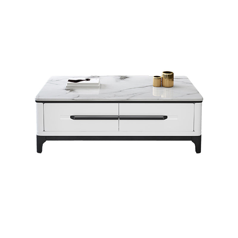 White Contemporary Rectangular Marble Coffee Cocktail Table with Storage
