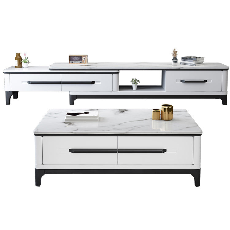 White Contemporary Rectangular Marble Coffee Cocktail Table with Storage