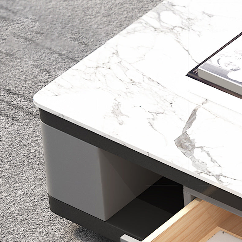 White Contemporary Marble Top Coffee Cocktail Table with Storage