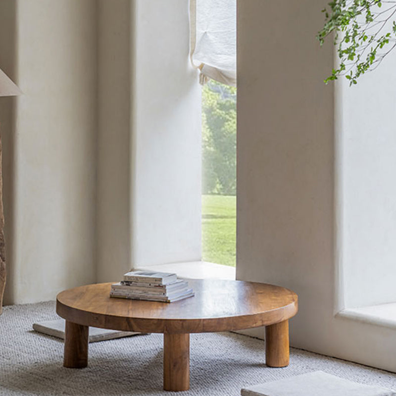 Contemporary 4 Legs Brown Solid Wood Round Coffee Cocktail Table