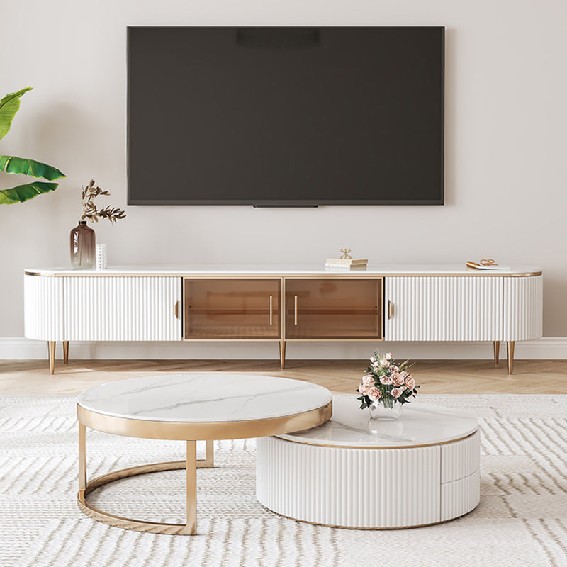 Glam Oval White TV Stand Console with Shelves for Living Room