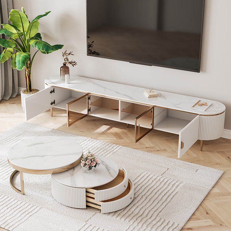Glam Oval White TV Stand Console with Shelves for Living Room