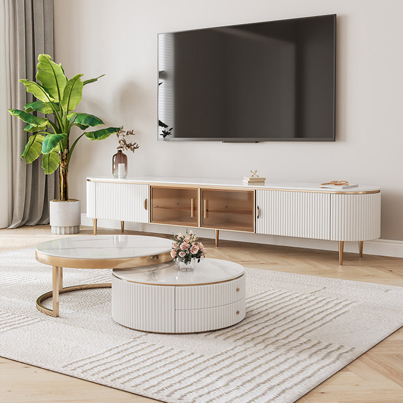 Glam Oval White TV Stand Console with Shelves for Living Room