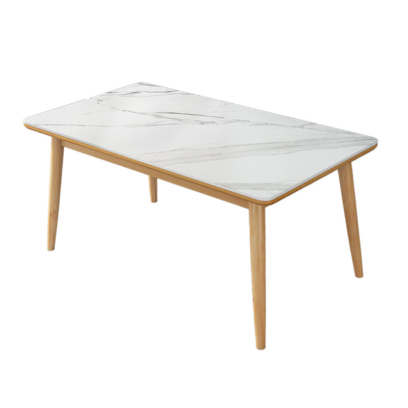 Modern White Rectangle Stone Dining Table with 4 Wooden Foot