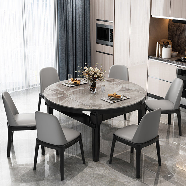 Modern Round Grey Stone Top Extendable Retractable Dining Table with 4 Rubberwood Black Legs