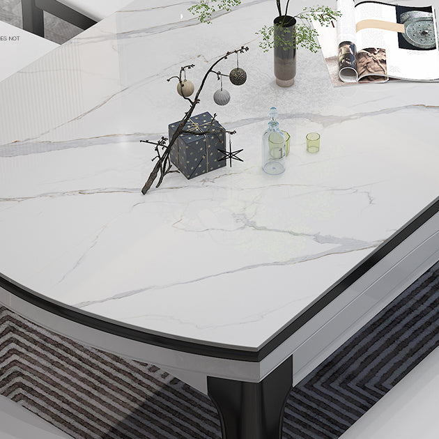 7 Pieces Dining Set with Stone Top Table and White Wooden Chairs