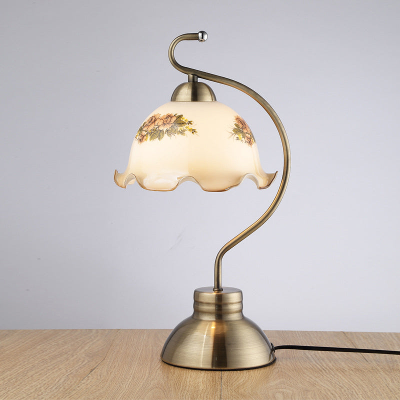 Single Bulb Night Stand Light Pastoral Ruffle Edged Hemisphere White Glass Table Lamp with Brass Bow Arm